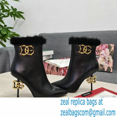 Dolce  &  Gabbana Mink Fur Thin Heel 10.5cm Leather Ankle Boots Black with Baroque DG Heel 2021